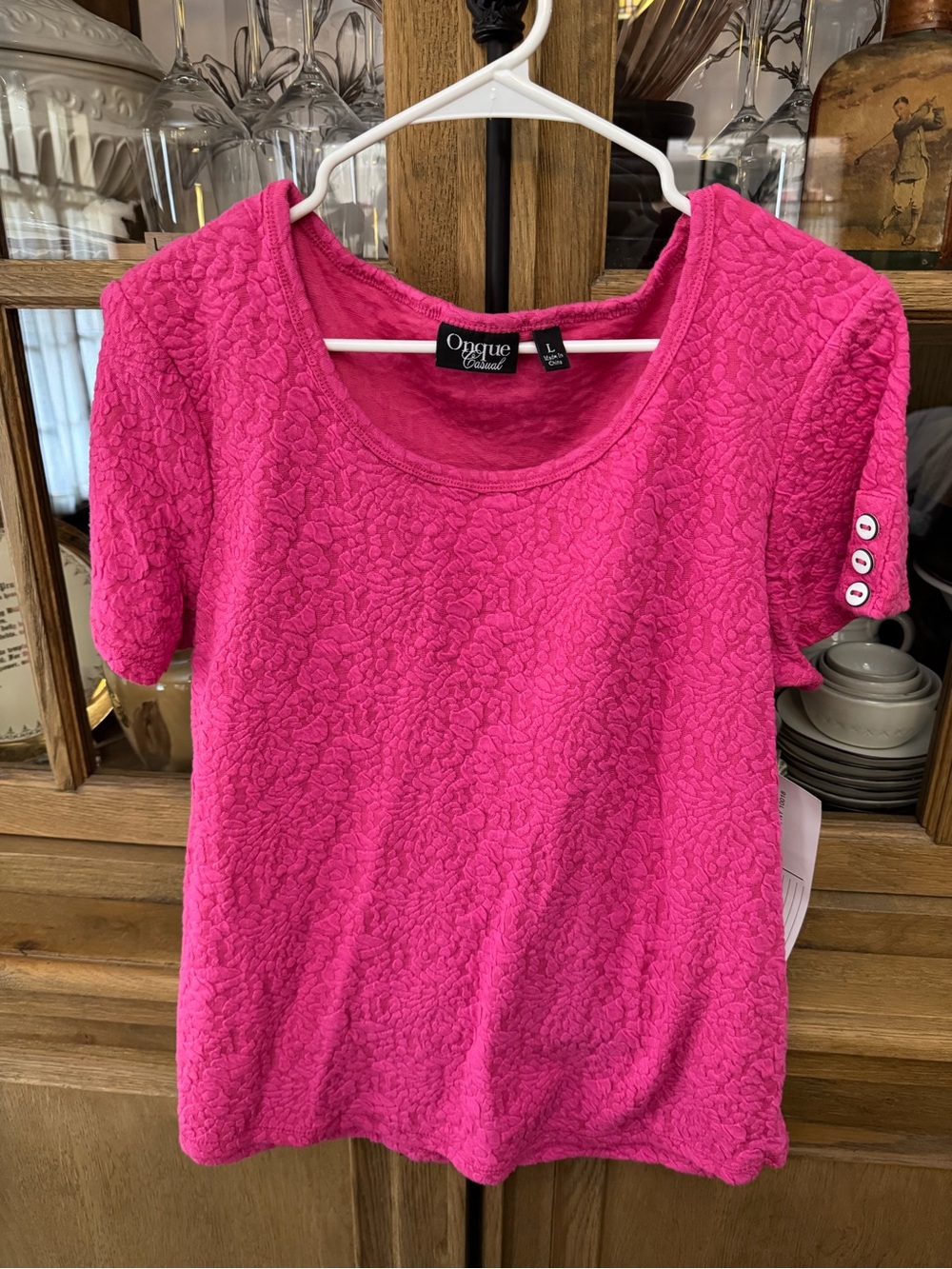 Onque Casuals Hot Pink Short Sleeve Textured Scoop Neck Top